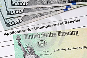 Unemployment benefits application, stimulus check and money.