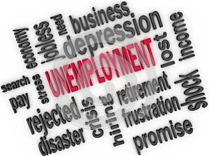 Unemployment concept. Jobless word cloud. 3d