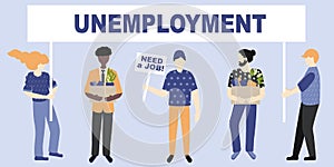 Unemployment, the lost job concept vector. White and Afro American people with possessions in hand  and holding message boards - photo