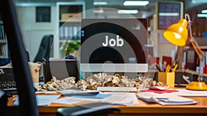 unemployment office desk with mess resume a computer screen displaying Job