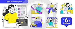 Unemployment types concept set. Social problem of occupancy, job offer