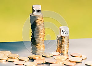 Unequal payment concept. The German words `Mann` man and `Frau  women on stacks of coins.