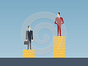 Unequal salary concept of two businessmen standing on golden coin stacks in flat icon design with blue color background