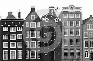 Unesco canal houses in Amsterdam in black-white, Netherlands