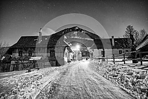 UNESCO village Vlkolinec at winter night, Slovakia