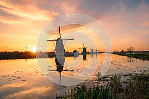 Unesco Werelderfgoed Kinderdijk Molens, Ancient Windmills at dusk in Kinderdijk in Netherlands photo