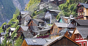 UNESCO world heritage site Hallstatt town with wooden houses on the hill Austria