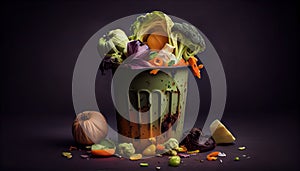 Uneted unused spoiled vegetables throw in the tras. AI generated illustration photo