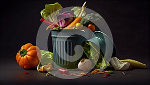 Uneted unused spoiled vegetables throw in the tras. AI generated illustration photo