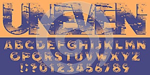 Uneven alphabet font. Sloppy halftone letters, numbers and symbols.