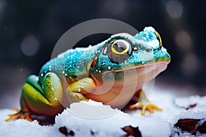 Unexpected encounter. A curious green frog ventures into the winter wonderland. AI-generated