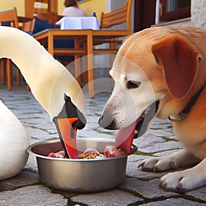 Unexpected Friends: Swan and Dog Share a Meal.