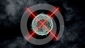 Unexpected outbreak of deadly virus. 3d render of green dreadful virus cell on dark smoky background crossed with red