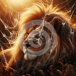 Unexpected Predicament: Lion Entrapped in Spider\'s Web. photo