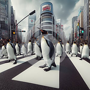 Penguins crossing Tokyo Road