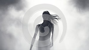 Unfathomable Performance: Captivating Woman\'s Silhouette Emerging From Fog