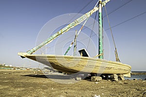 unfinished basic construction of wooden fishing ships.