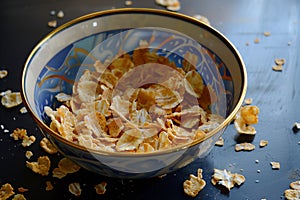 unfinished bowl of cereal with soggy flakes photo