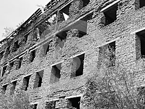 Unfinished bricks building. Abandoned house