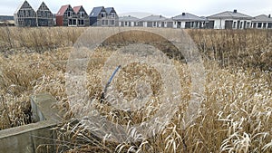 Unfinished building construction surrounded by grass, meadow