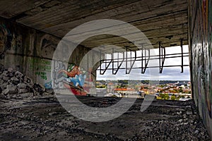 Unfinished carcass of hotel window with nice view to city