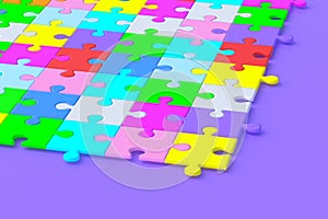 Unfinished colorful puzzle jiggle pieces on violet background