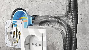 Unfinished electrical mains outlet socket with electrical wires.