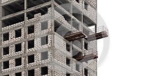 An unfinished high-rise building with scaffolding on a white isolated background