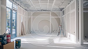 Unfinished interior space with white drywall and exposed metal ceiling framework