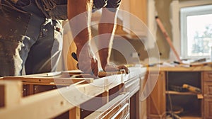 In the unfinished kitchen a carpenter measures and installs the base cabinets with precision photo