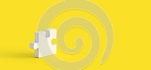 Unfinished one white jigsaw puzzle on yellow background