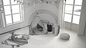 Unfinished project of child room with furniture, carpet and tent