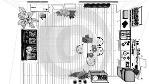 Unfinished project of country living, dining room and kitchen, eco interior design, sustainable parquet, sofa, table. Top view,