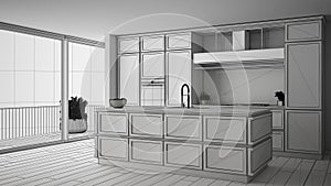 Unfinished project draft of classic kitchen in modern luxury apartment, vintage retro interior design, architecture open space