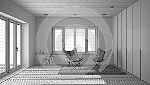 Unfinished project draft interior design, minimal living room with armchair carpet, parquet floor and panoramic window, scandinavi