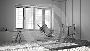 Unfinished project draft interior design, minimal living room with armchair carpet, parquet floor and panoramic window, scandinavi