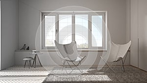 Unfinished project draft interior design, minimal living room with armchair carpet, parquet floor and panoramic window, scandinavi