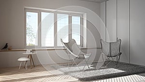 Unfinished project draft interior design, minimal living room with armchair carpet, parquet floor and panoramic window, scandinavi