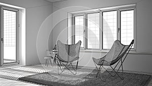 Unfinished project draft interior design, minimal living room with armchair carpet, parquet floor and panoramic window, scandinavi