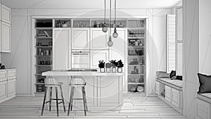 Unfinished project draft of modern kitchen in contemporary luxury apartment, vintage retro interior design, architecture open