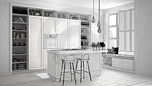 Unfinished project draft of modern kitchen in contemporary luxury apartment, vintage retro interior design, architecture open