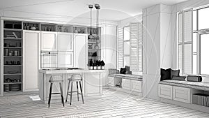 Unfinished project draft of modern kitchen in contemporary luxury apartment, vintage retro interior design, architecture open