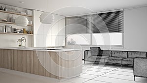 Unfinished project draft of modern kitchen with shelves and cabinets, sofa and panoramic window. Contemporary living room