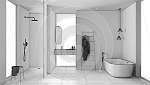 Unfinished project draft, modern minimalist bathroom, freestanding bathtub, washbasin with mirror and accessories, shower, ceramic