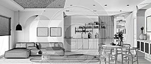 Unfinished project draft, panoramic view of modern wooden kitchen, dining and living room, sofa and table with chairs, sliding