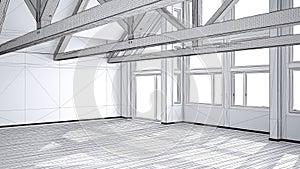 Unfinished project of empty room in luxury eco house, parquet fl