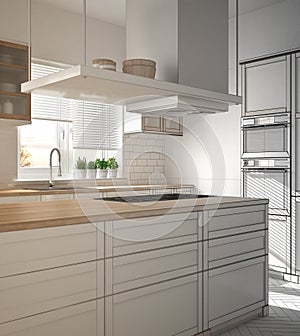 Unfinished project of modern wooden and white kitchen with island, stools and windows