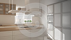 Unfinished project of modern wooden and white kitchen with island, stools and windows, parquet