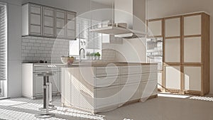 Unfinished project of modern wooden and white kitchen with island, stools and windows, parquet herringbone