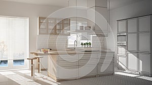 Unfinished project of modern wooden and white kitchen with island, stools and windows, parquet herringbone